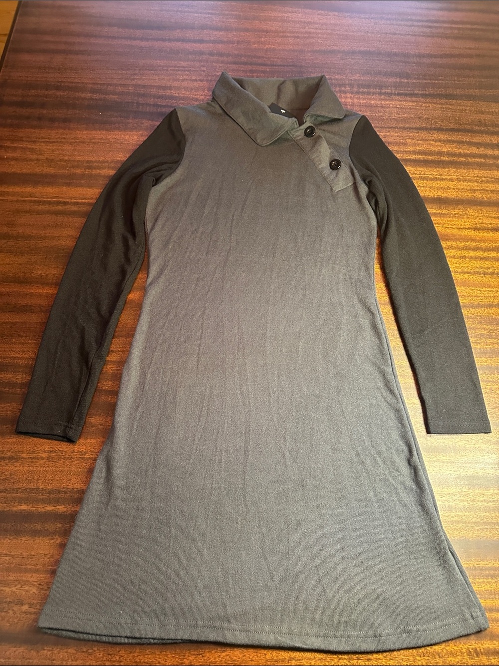 Reborn Two-Tone Black Long Sleeve Knit Dress with Button Collar